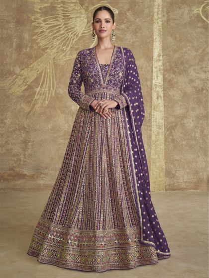 Dark Purple Georgette Anarkali Suit With Dupatta