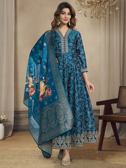 Blue Zari Work Embroidered Anarkali Style Suit