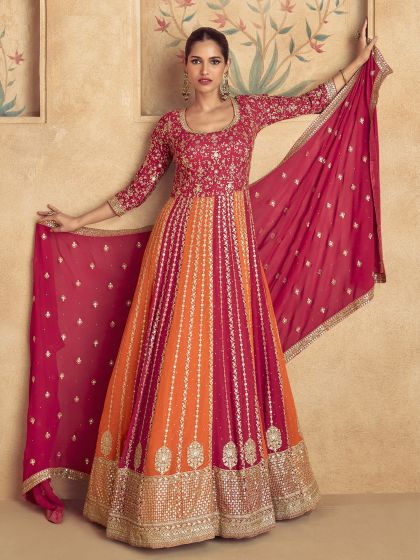 Orange And Pink Anarkali Suit In Sequins Embroidery