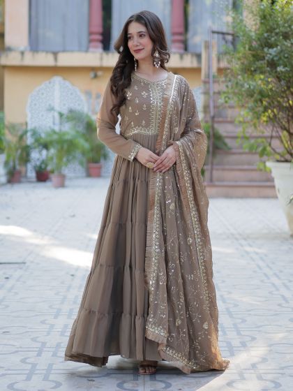 Brown Sequins Augmented Readymade Anarkali Suit