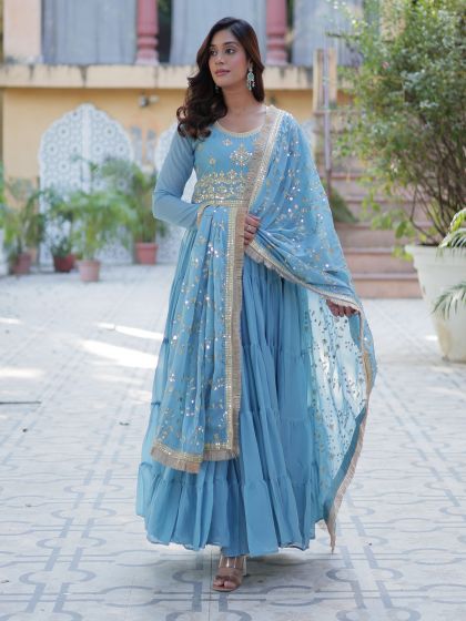 Sky Blue Georgette Readymade Suit With Dupatta