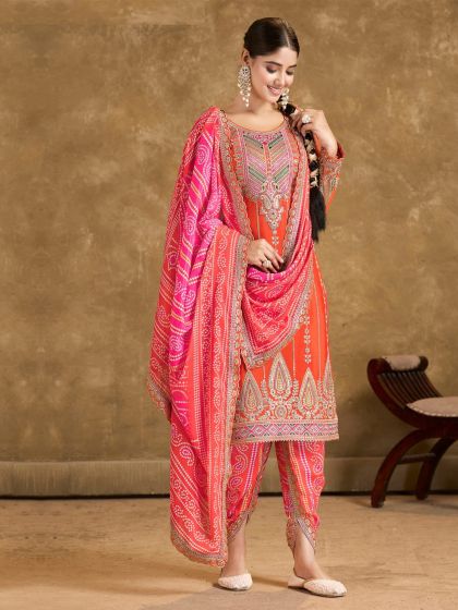 Orange Bandhej Printed Salwar Kameez In Pant Style