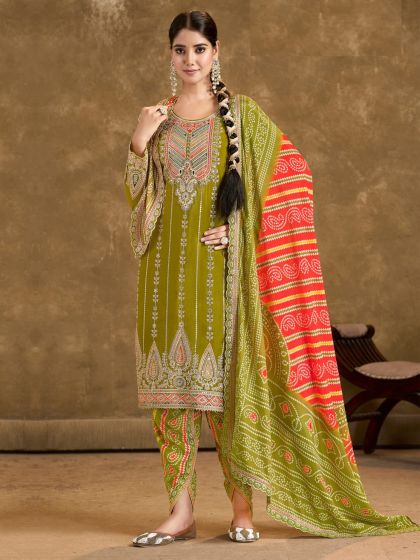 Green Chinon Silk Festive Salwar Kameez In Print