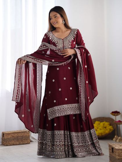 Maroon Salwar Kameez In Palazzo Style With Dupatta