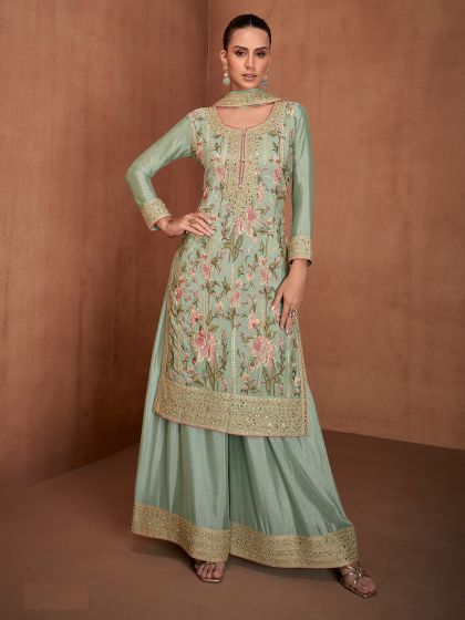 Green Mirror Work Palazzo Suit With Long Kameez