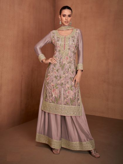 Mauve Floral Thread Augmented Palazzo Suit In Silk