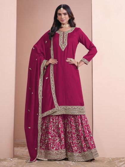 Red Art Silk Casual Salwar Suit In Sharara Style