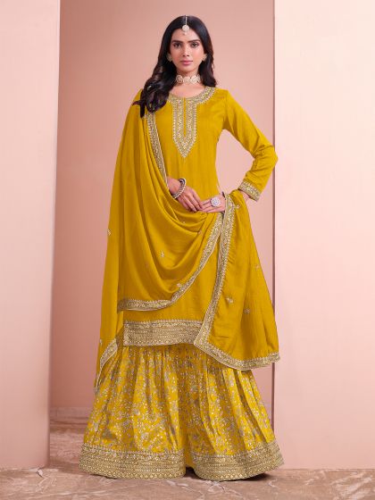 Yellow Festive Wear Sharara Style Salwar Kameez