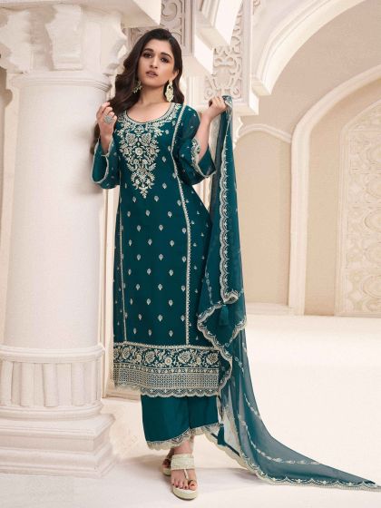 Teal Blue Festive Salwar Kameez In Floral Work