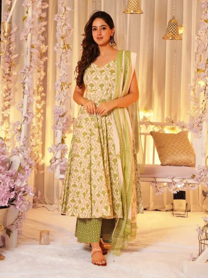 Cream Anarkali Style Readymade Salwar Suit