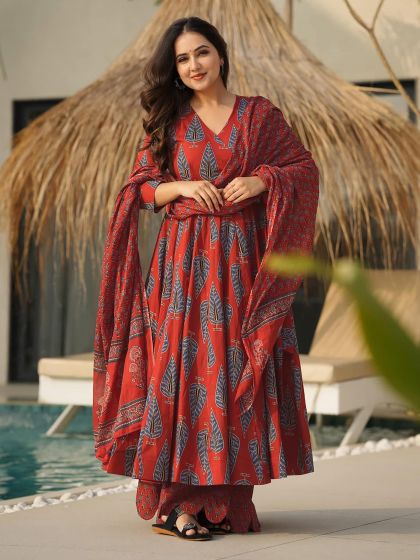 Rust Readymade Palazzo Suit With Dupatta In Print