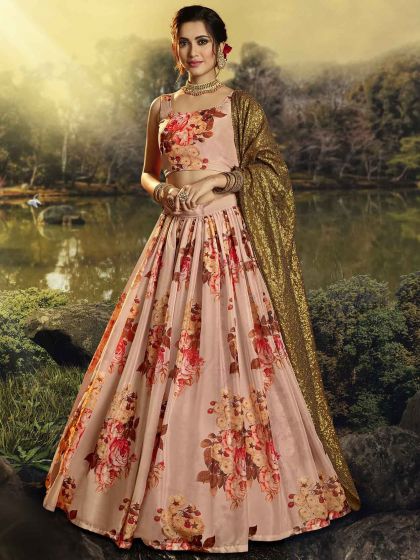 Peach Floral Lehenga Choli In Organza