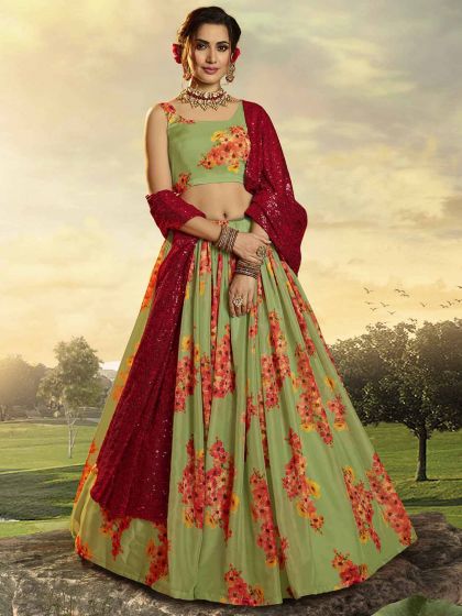 Green Floral Print Lehenga Choli With Dupatta