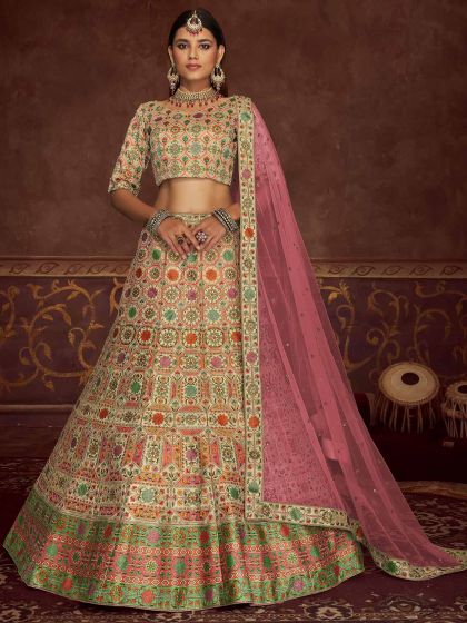 Cream Printed Festive Lehenga Choli With Dupatta