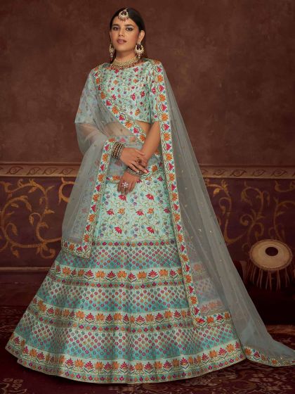 Blue Floral Printed Lehenga Choli With Dupatta