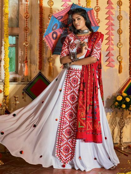 White Thread Embroidered Navaratri Lehenga Choli In Cotton