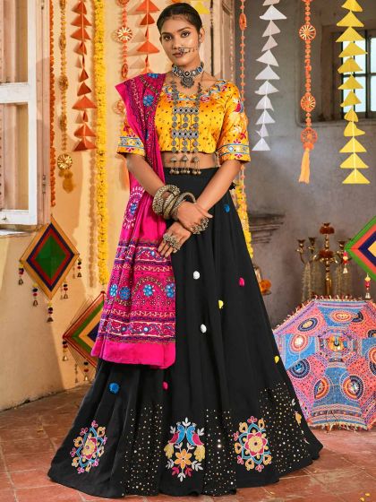 Black Mirror Work Embroidered Navaratri Lehenga Choli In Cotton