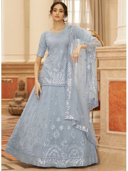 Grey Sequins Embroidered Lehenga Choli In Chiffon