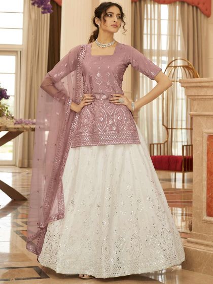 White Sequined Lehenga Choli In Chiffon