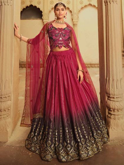 Pink And Brown Shaded Lehenga Choli In Silk