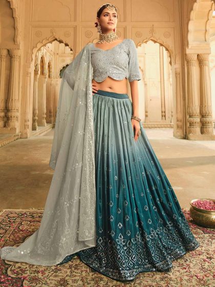 Blue And Grey Embroidered Silk Lehenga Choli