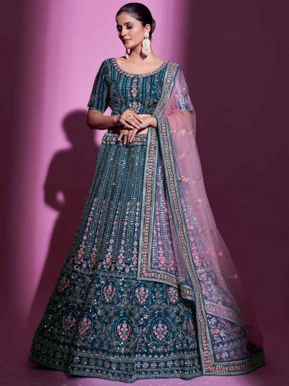 Blue Embroidered Bridesmaid Lehenga Choli In Crepe