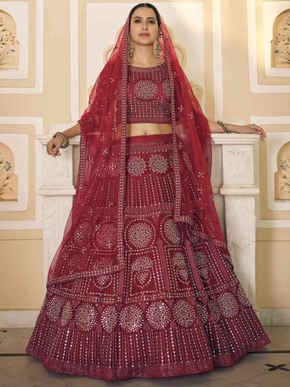 Maroon Embroidered Net Lehenga Choli