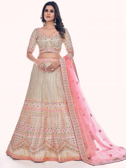 Off White Net Lehenga Choli With Embroidery