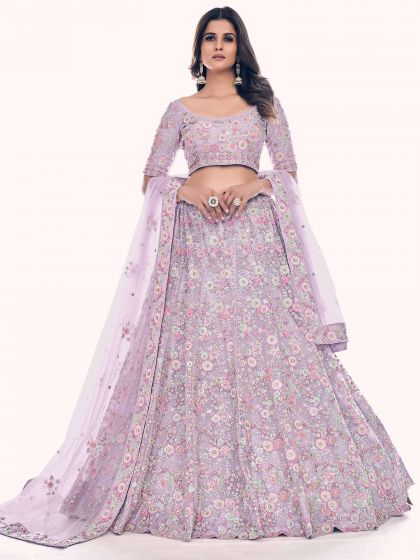 Purple Thread Embroidered Lehenga Choli In Net