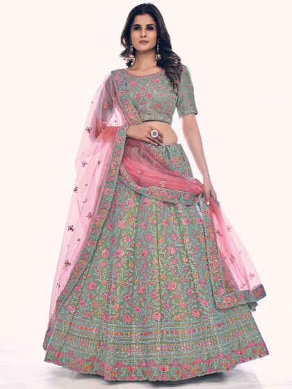 Green Embroidered Bridesmaid Lehenga Choli With Dupatta