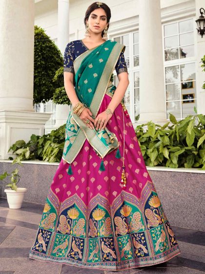 Pink Zari Woven Lehenga Choli With Dupatta