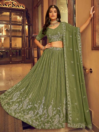 Green Georgette Lehenga Choli With Sequins Work