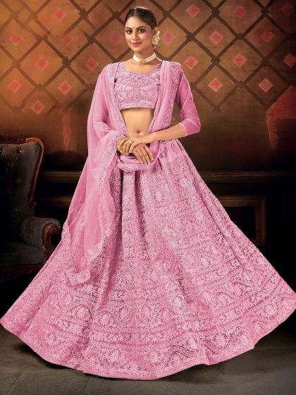 Pink Net Embroidered Lehenga Choli With Dupatta