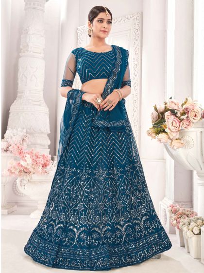 Blue Sequins Embroidered Lehenga Choli In Net