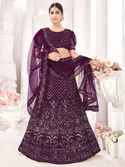 Purple Embroidered Net Lehenga Choli With Dupatta