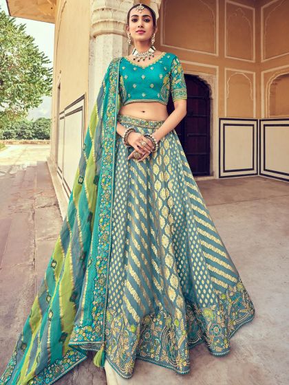 Blue Woven Silk Lehenga Choli With Dupatta