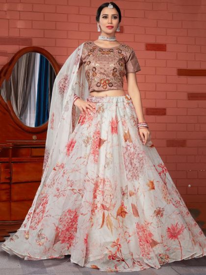 Off White Festive Floral Lehenga Choli In Organza