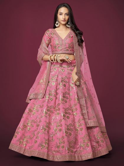 Pink Sequined Festive Lehenga Choli In Art Silk