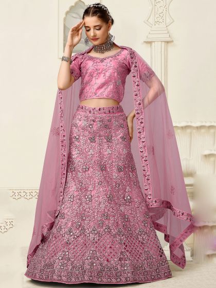 Pink Thread Embroidered A Line Lehenga Set