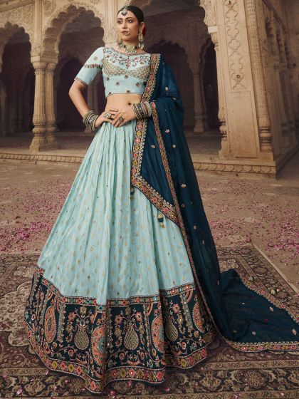 Blue Mirror Work Festive Lehenga Set In Rayon