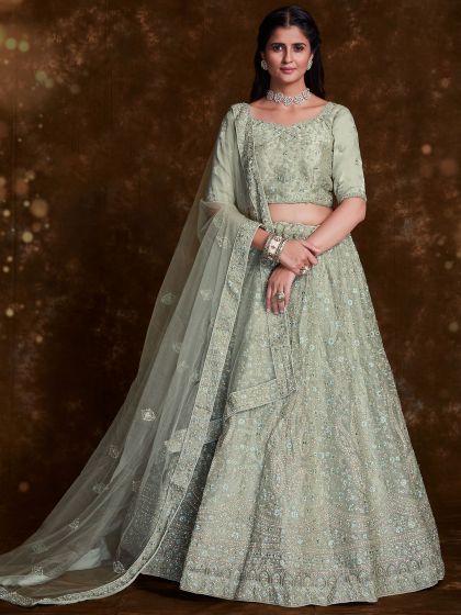 Green Engagement Lehenga With Stone Work