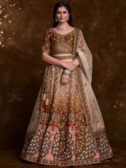 Brown Stone Work Shaded Engagement Lehenga Set