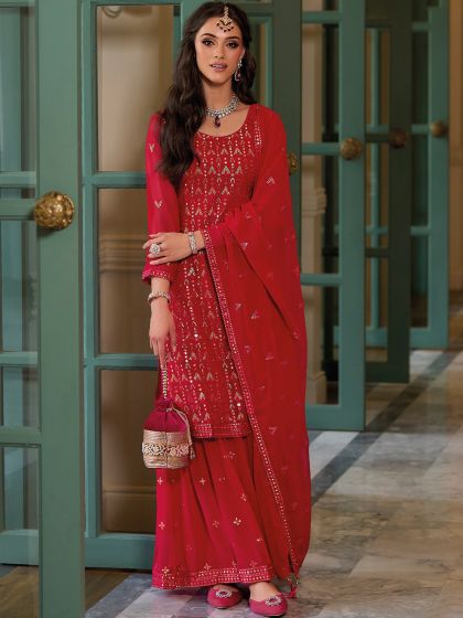 Red Sharara Style Salwar Kameez With Mirror Work