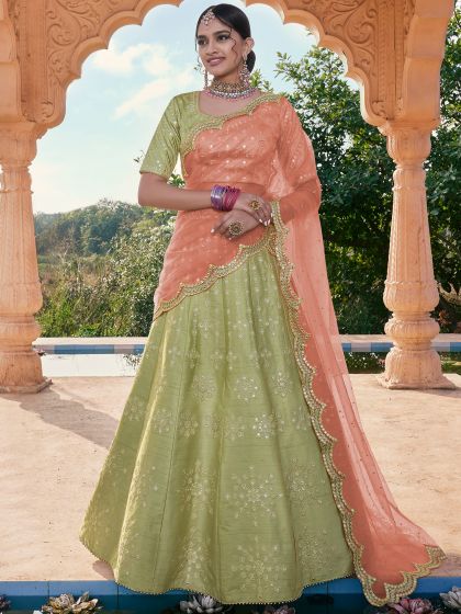 Green Embellished Silk Festive Style Lengha