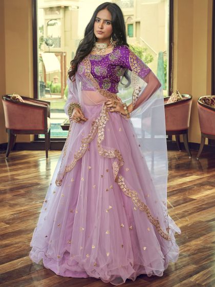 Purple Bridesmaid Lehenga With Sequins Work In Net