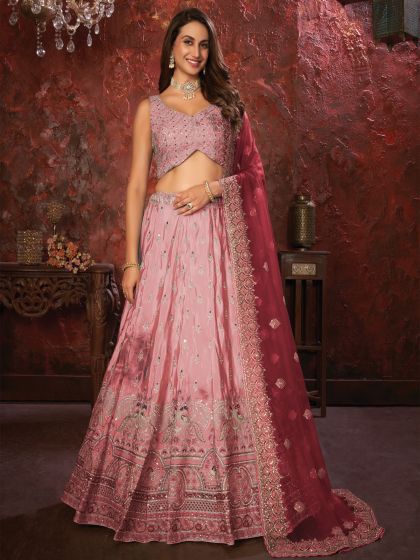 Pink Bridesmaid Net Lehenga Choli In Sequin Embroidery