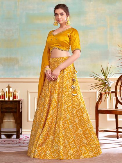 Deep Yellow Mirror Work Lehenga Choli In Digital Print