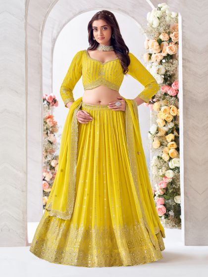 Lemon Yellow Zari Embroidered Lehenga Choli In Georgette