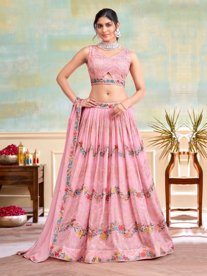 Rose Pink Floral Embroidered Lehenga Choli In Georgette