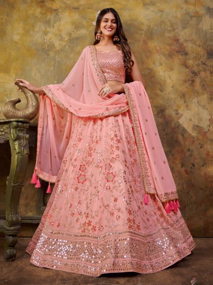 Rose Pink Heavy Sequins Embroidered Georgette Lehenga Choli